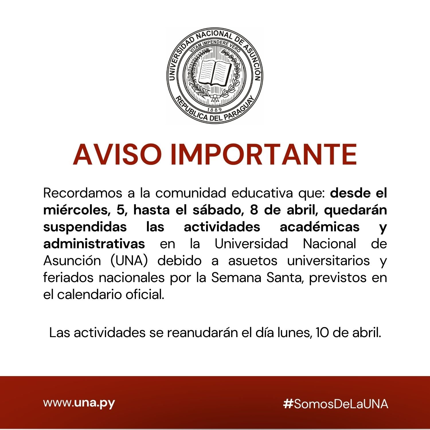 AVISO SOBRE FERIADOS Y ASUETOS POR SEMANA SANTA Universidad Nacional